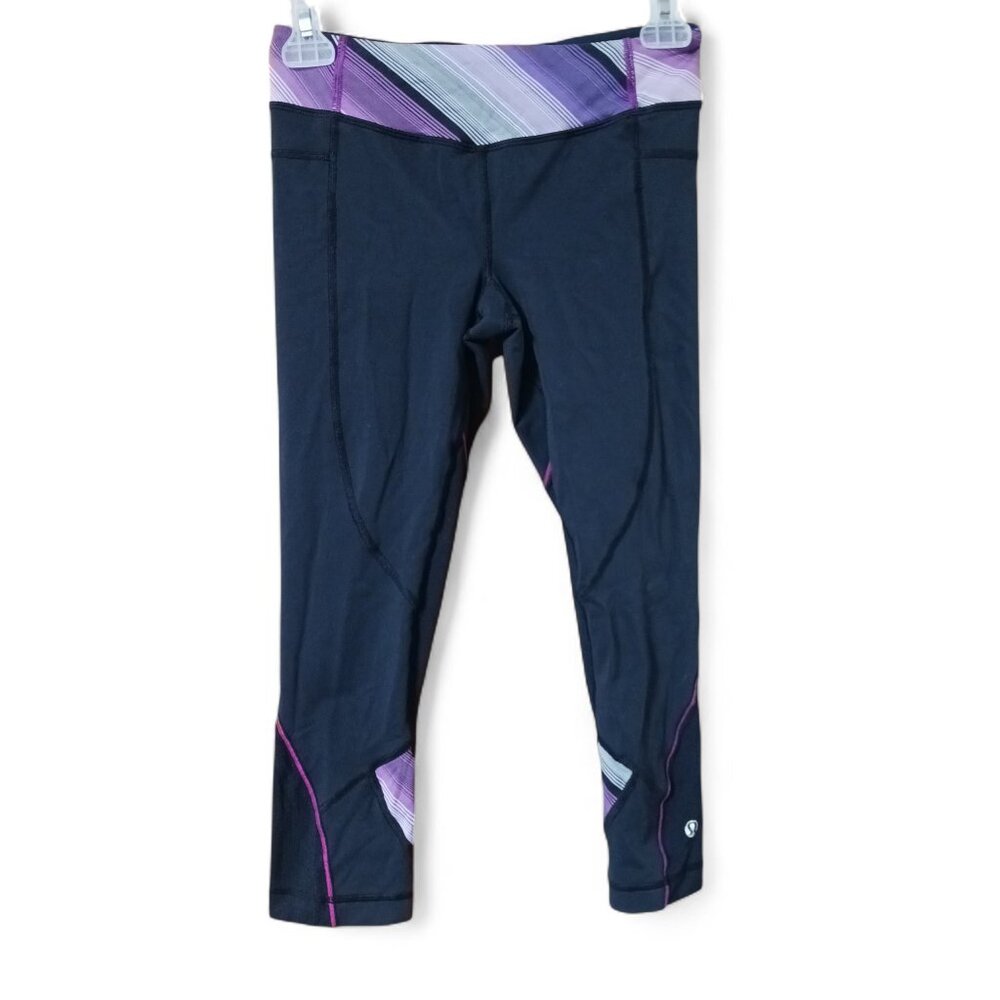 Lululemon Wet Dry Warm Black Crops Size 4 — Pink/Purple Striped Waistband